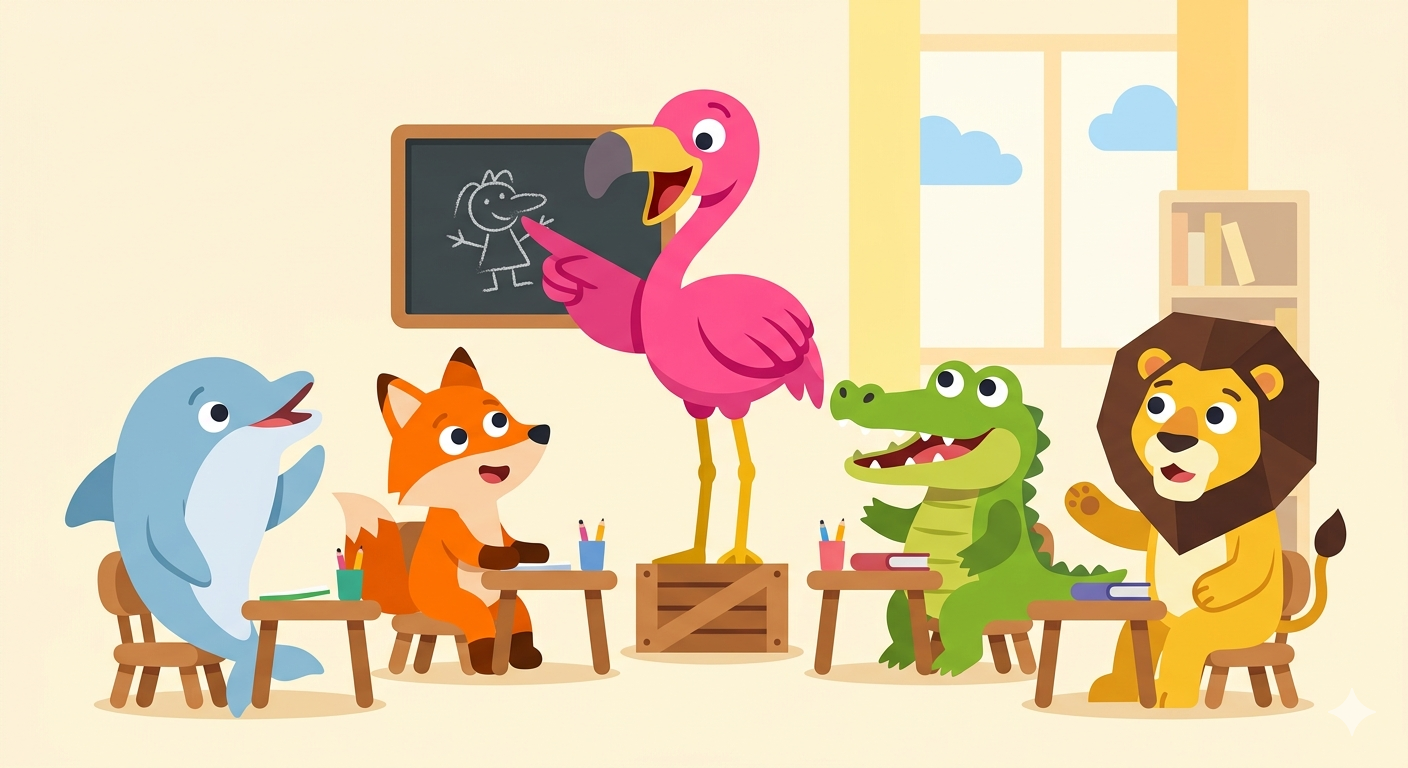 Lenglish Kids - flamingo teacher with animal students in classroom